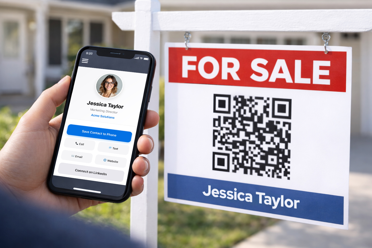 Smart phone scanning a MyContactCode QR Code on a Real Estate Sign