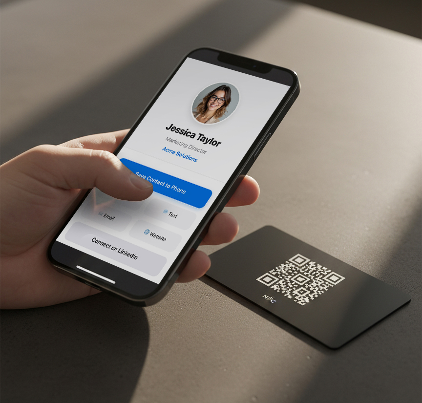 Mobile phone scanning a MyContactCode QR code on a business card