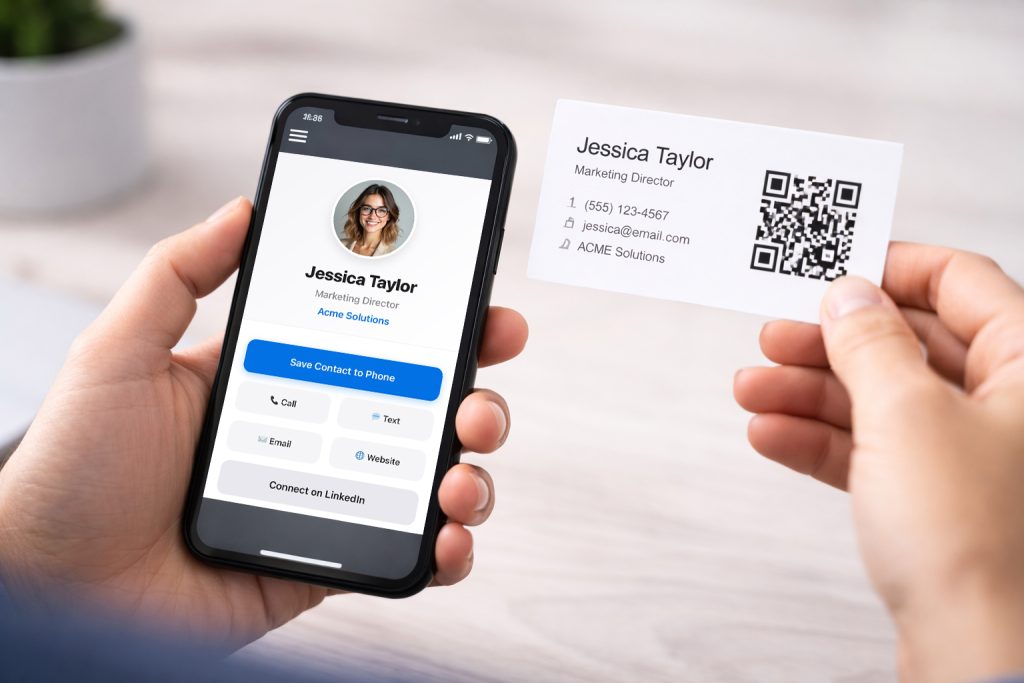Scanning a QR code on a business card with a phone
