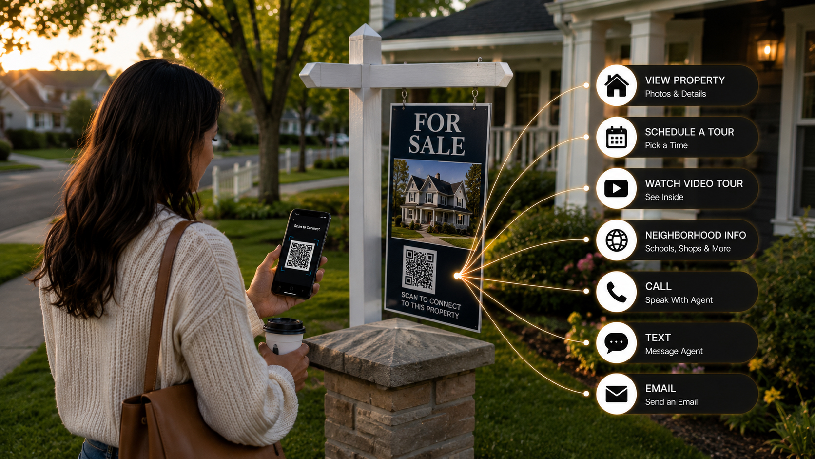 Home buyer scanning suburban FOR SALE sign QR code