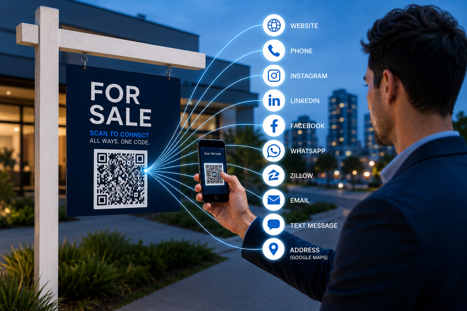 Real estate agent scanning a FOR SALE sign QR code — instantly connects to website, phone, social media, email, and more