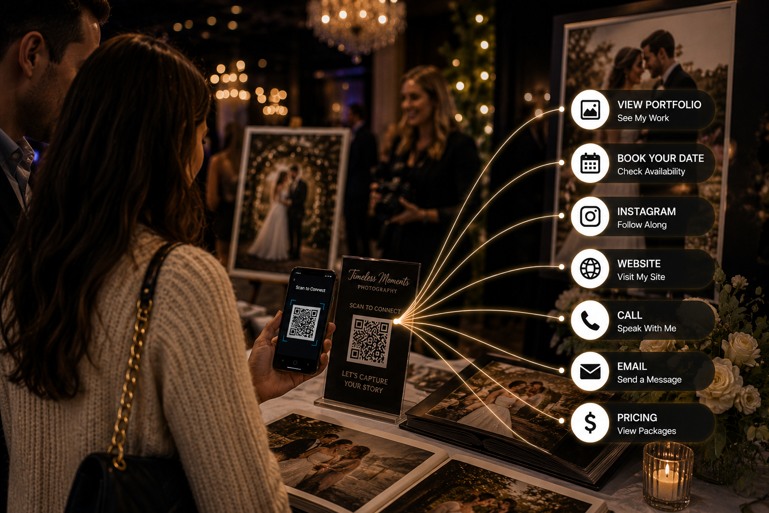 Wedding photographer scanning QR code at bridal show