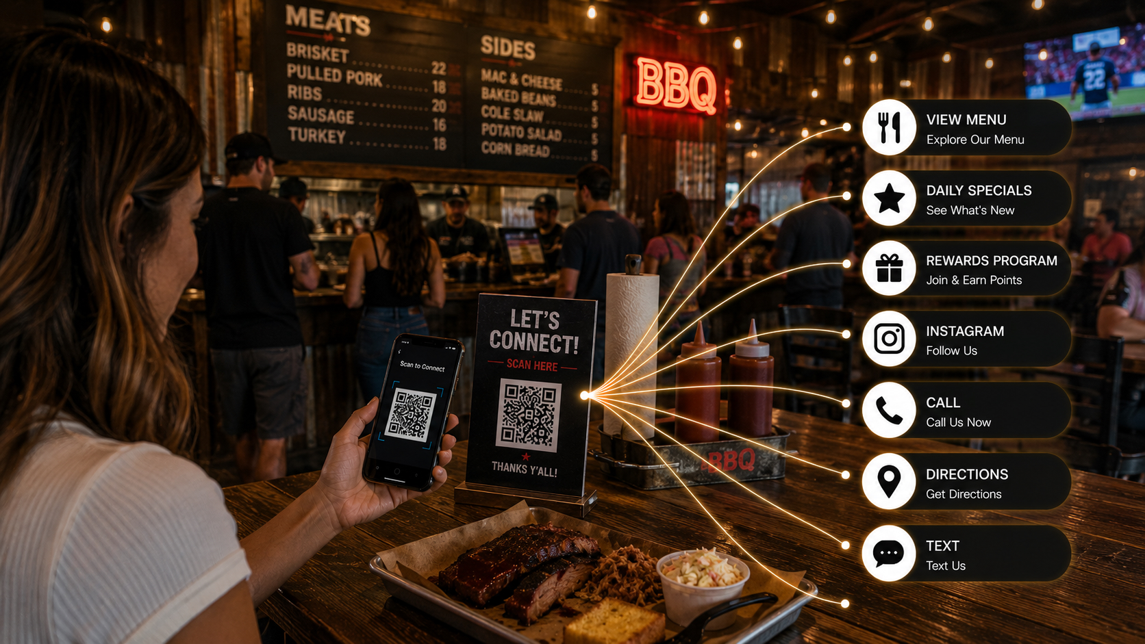 Customer scanning QR code at BBQ restaurant