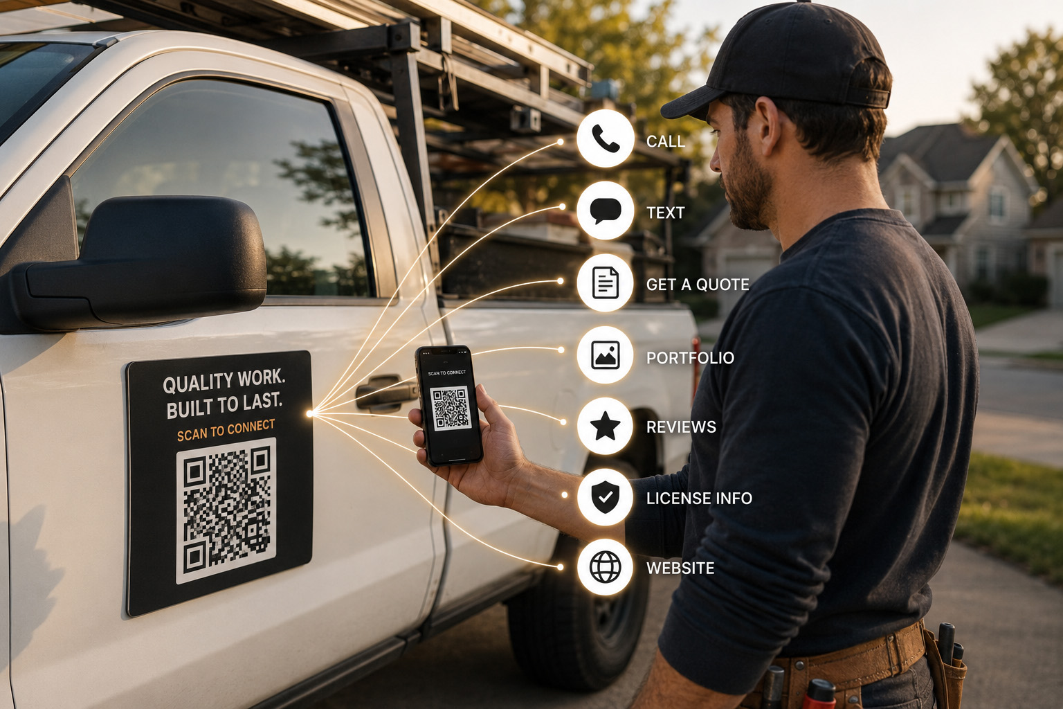 Contractor scanning QR code on work truck